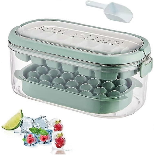 Ice Cube Tray with Lid and Bin, Sphere Ice Cube Maker Ice Cube Trays for Freezer, 2 Tiers Ice Cube Moulds Square and Round Ice Tray