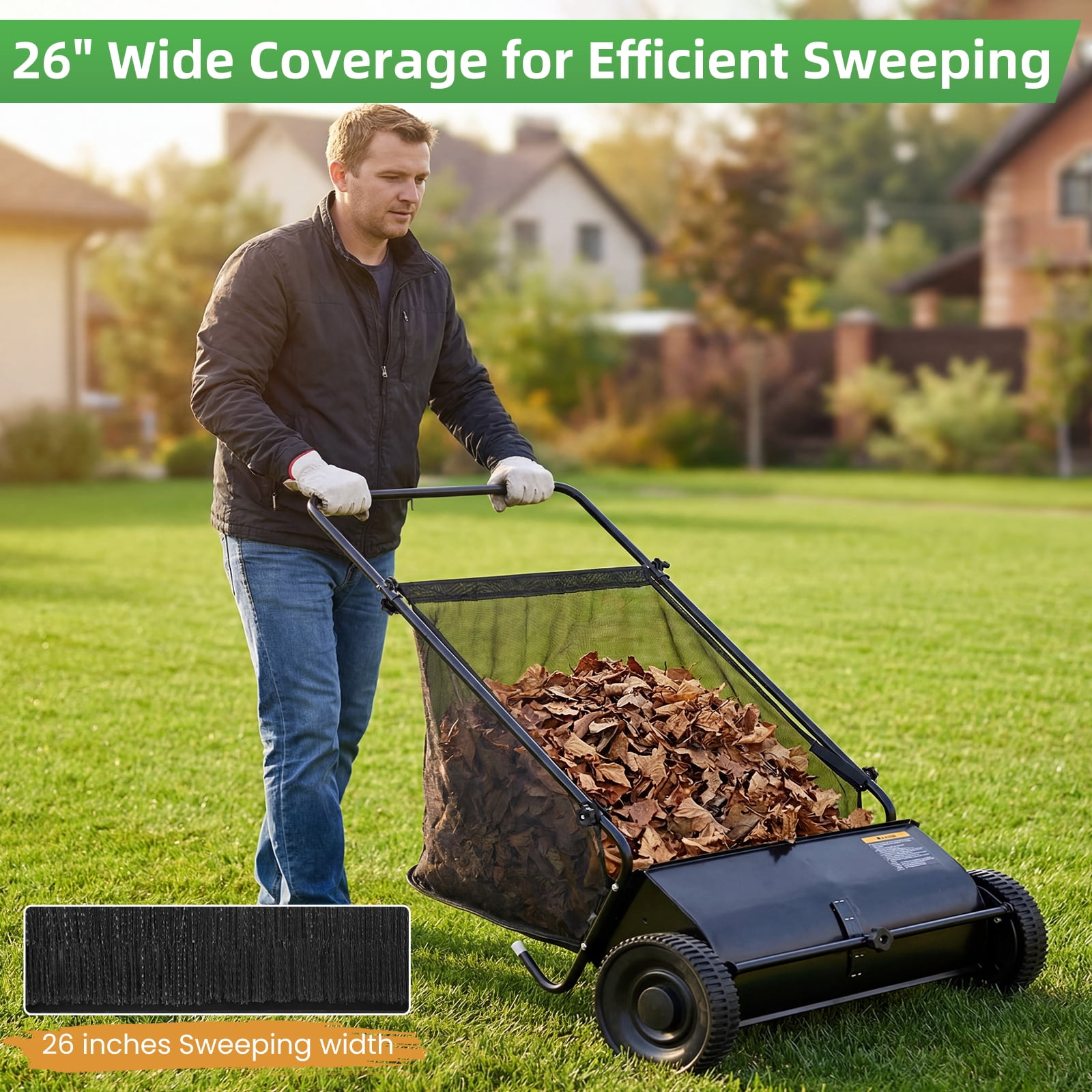 JFHID Push Lawn Sweeper,26 in Leaf & Grass Collector with 7 cu. ft.Hopper Bag Heavy Duty Yard Sweeper with 10" Rubber Wheels for Lawn