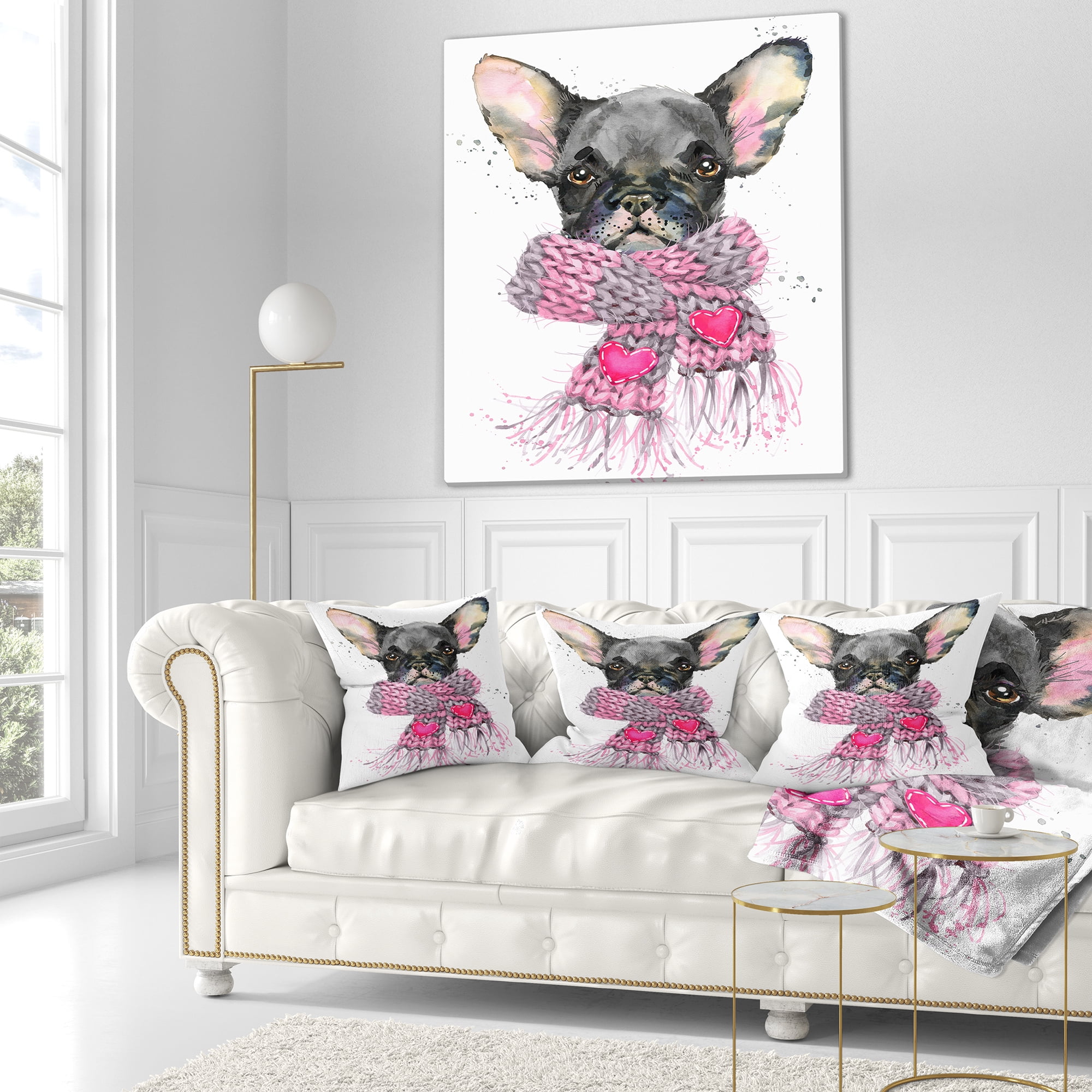 Designart Cute Puppy Dog with Pink Shawl - Animal Throw Pillow - 16x16