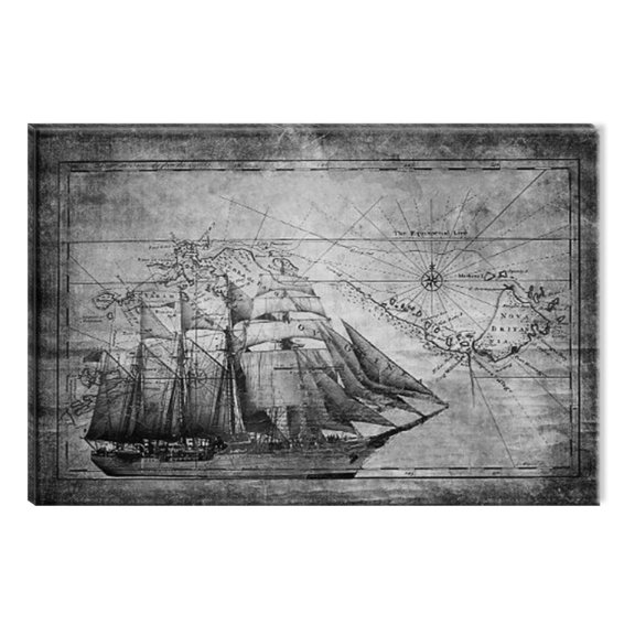 Startonight Canvas Wall Art Black and White Abstract Old Map Ship Retro Design, Dual View Surprise Artwork Modern Framed Ready to Hang Wall Art 100% Original Art Painting 23.62 X 35.43 inch