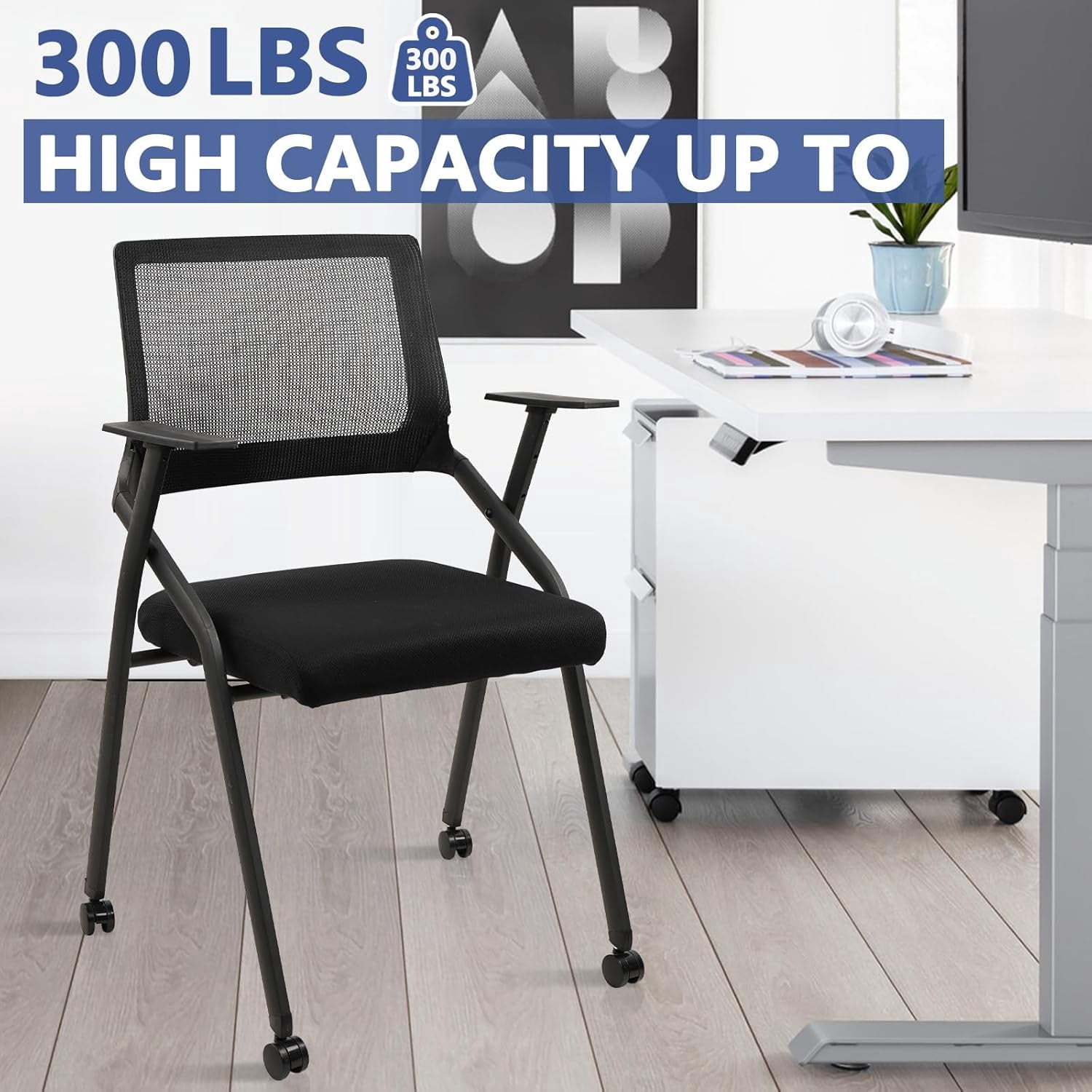CLATINA Ergonomic Stackable & Foldable Conference Room Chairs, Mesh Office Chair with Arms and Wheels for Office Waiting Room Meeting Black Lobby Church School Receptions and Training Black (4 pk)