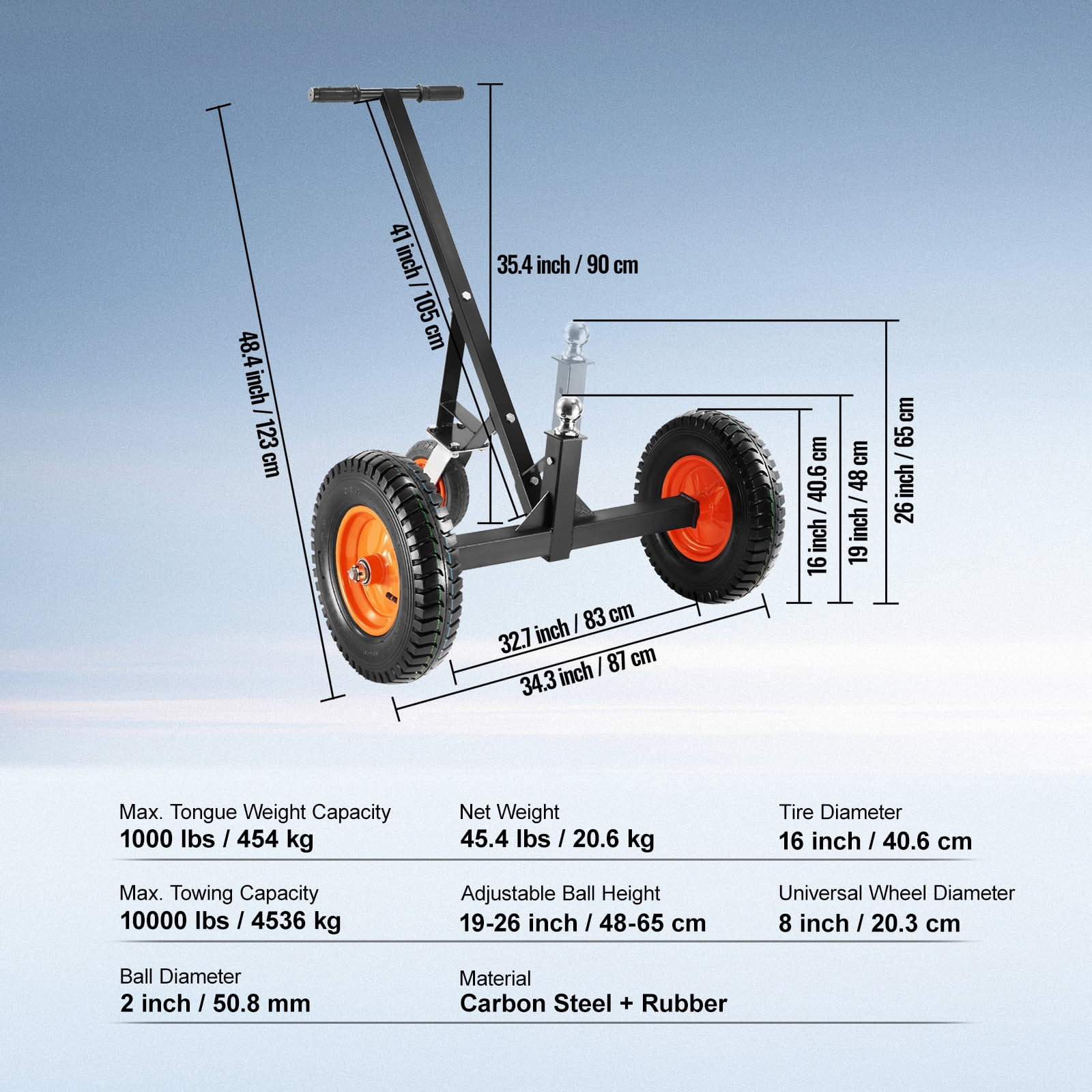VEVOR Adjustable Trailer Dolly, Dolly for Trailer with 1-7/8'' Hitch Ball & 10'' Solid Tires, 16''-24'' Adjustable Height, 1000lbs Tongue Weight Capacity