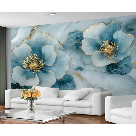 Modern Blue Flowers Custom Wallpaper Abstract Marble Wall Murals Living Room Bedroom Background Luxury Gold Foil Art 3D Wall Mural Home Decor 59"W x 39.4"H (Not Peel and Stick)