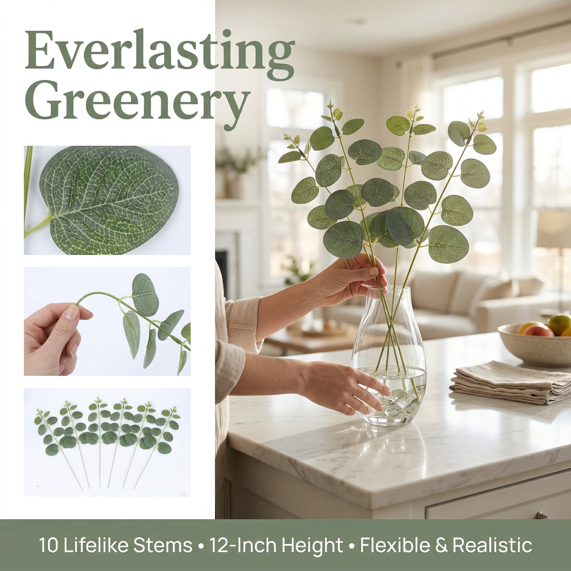Unique Bargains 10Pcs Realistic Artificial Eucalyptus Stems Faux Greenery Greenhead 12in