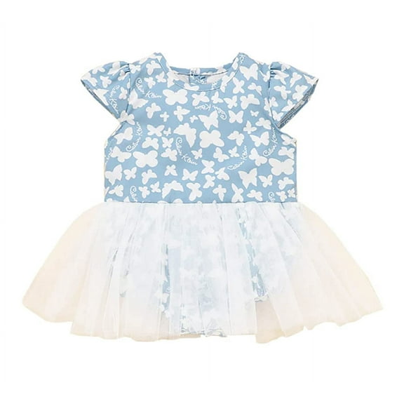 StylesILove Baby Toddler Girls Butterfly Print Flutter Sleeve Relaxed Romper Tutu Dress Princess Summer Dressy Outfit (12 Months, Blue)