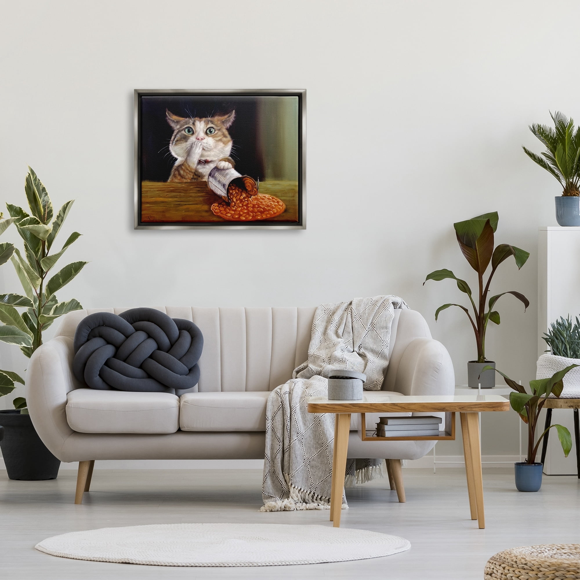 Stupell Industries Spilled The Beans Humorous Cat Kitchen Animal Painting Painting Luster Gray Floating Framed Canvas Print Wall Art, Design by Lucia Heffernan