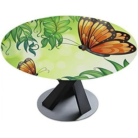 

Butterflies and Plants Round Tablecloth Fitted Table Cover with Elastic Edge for Kitchen Dinning Tabletop Decor Fits Tables up to 40 - 48 Diameter