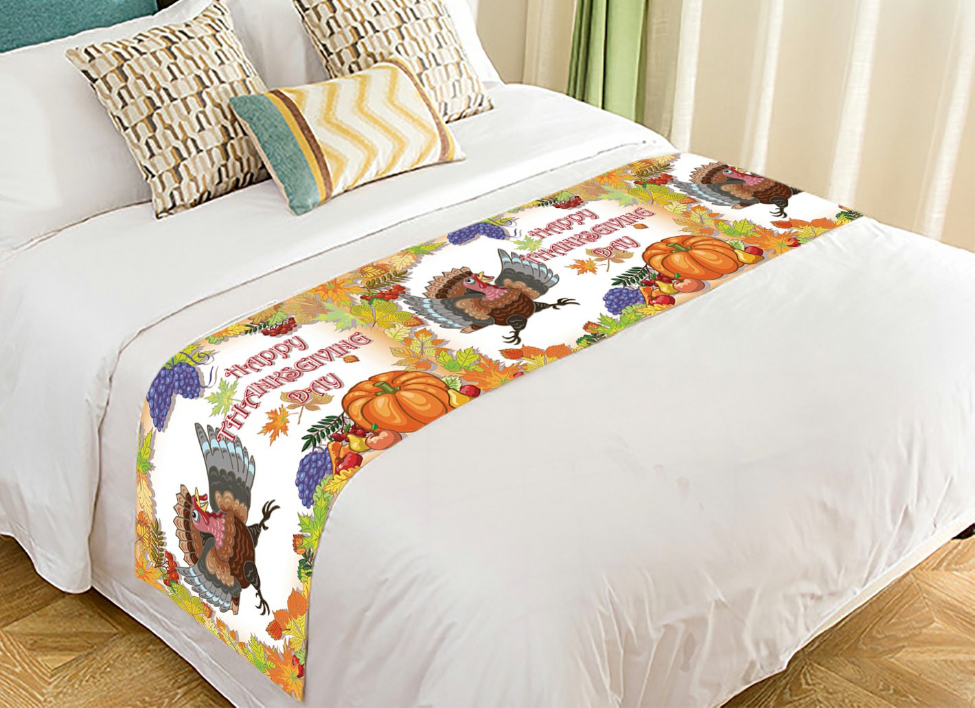 GCKG Harvest Bed Runner, Happy Thanksgiving Turkey with Pumpkin Bed