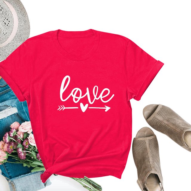 Hauts d'Été pour Femmes Grande Taille Blouse pour Femmes Nouveau T-shirt à Manches Courtes à Col Rond à Imprimé Love T-shirt à Col en V pour Femmes en Liquidation