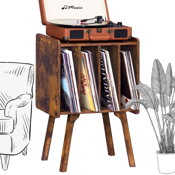 Record Player Stand, Vinyl Record Stand with 4 Cabinet Up to 100 Albums, Mid-Century Vinyl Record Storage, Record Holder Display Shelf for Bedroom