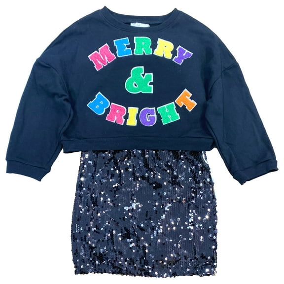 Girls 2 Piece Black Sequin Merry & Bright Holiday Tank Dress With Sweatshirt M