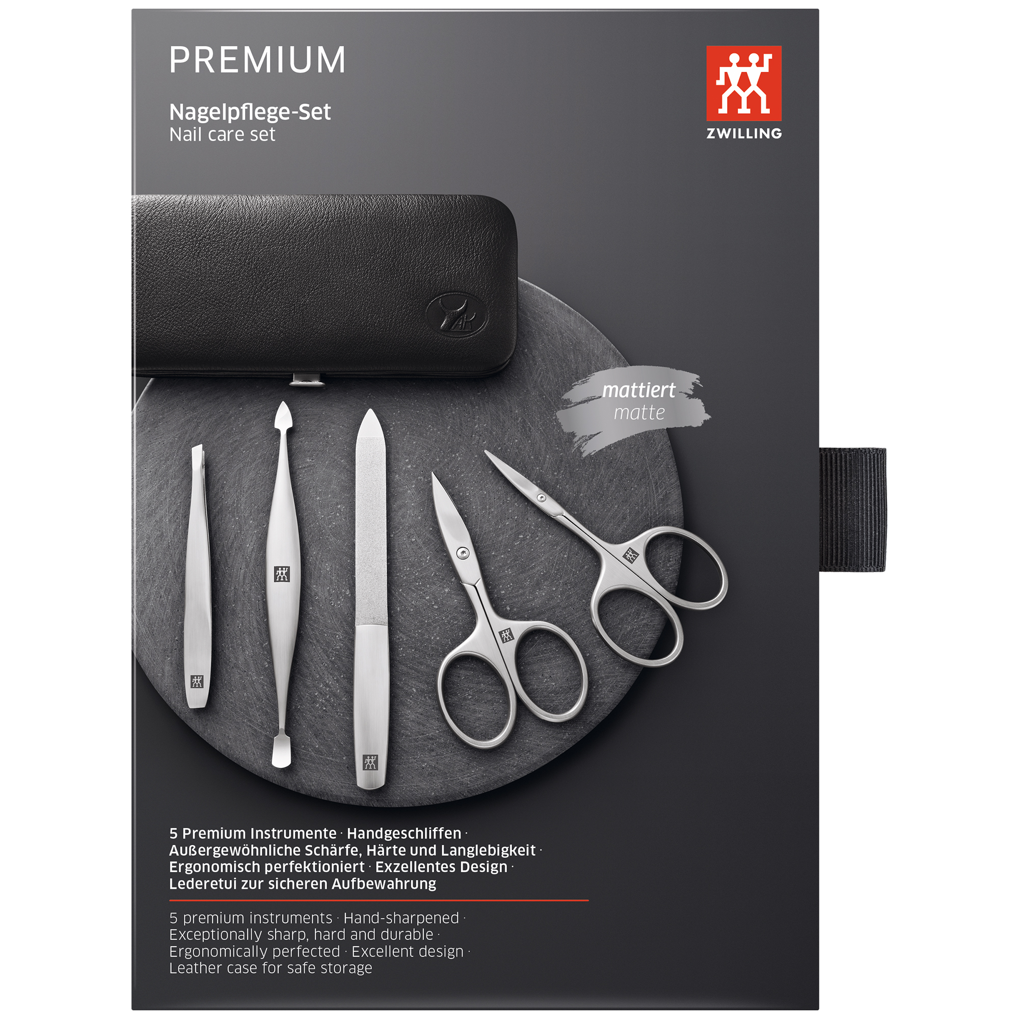 ZWILLING Manicure Set (5 piece, genuine leather case, metal frame, with nail scissors and cuticle scissors), Premium, Black