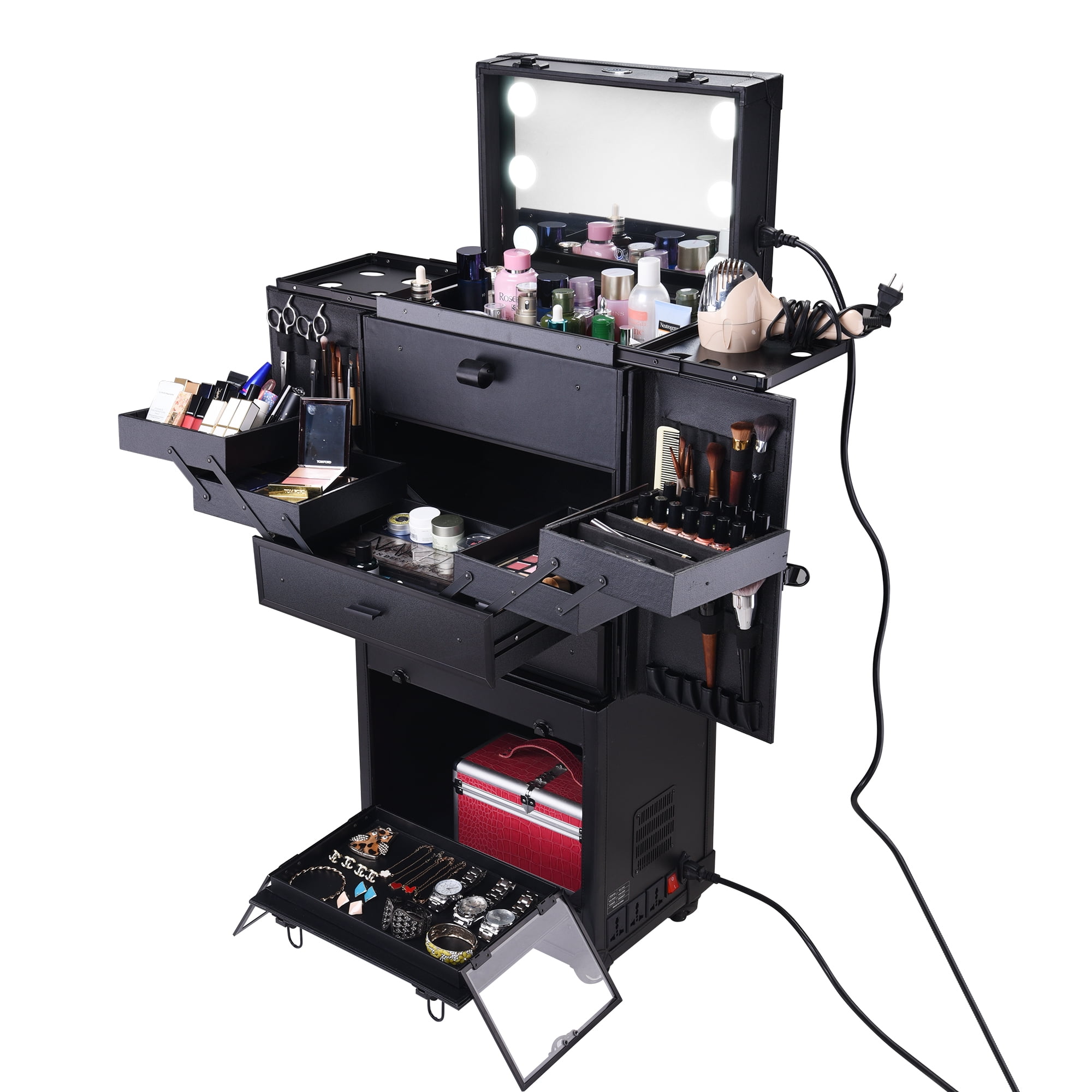 AW Pro Artist Rolling Makeup Case, Lockable Cosmetic Trolley, Black