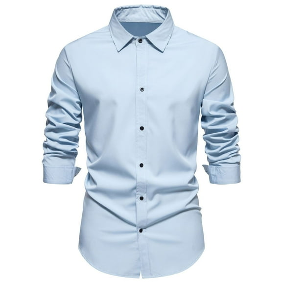 Today Sales! Dagegui Men's Dress Shirts Casual Long Sleeve Button Down T-Shirts Solid Color Lapel Business Shirt Slim Fit Tops Basic Daily Work Tees for Men Light Blue,L