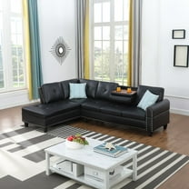 Hommoo L-Shaped Upholstered Faux Leather Sectional Sofa Couch with Storage and Cup Holders, Living Room Sofa Set, No Ottoman, Black