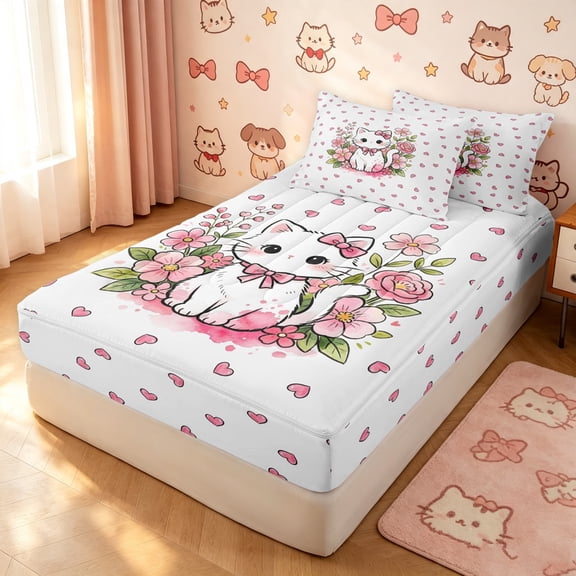 Manfei Bowknot Kitten Zipper Twin Comforter Sets with Fitted Sheet and 2 Pillowcases, Cartoon Blossoms Flower Zipper Bedding Set, Pink, Pink Reversible, 4 Pieces