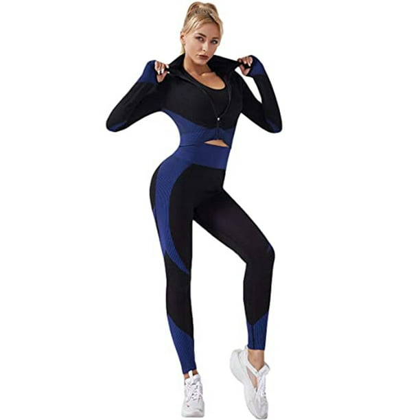 Women's Workout Outfit 3 Pieces Tracksuit-Seamless Hip lift Yoga Leggings  and Stretch Sports Bra Gym Clothes Set