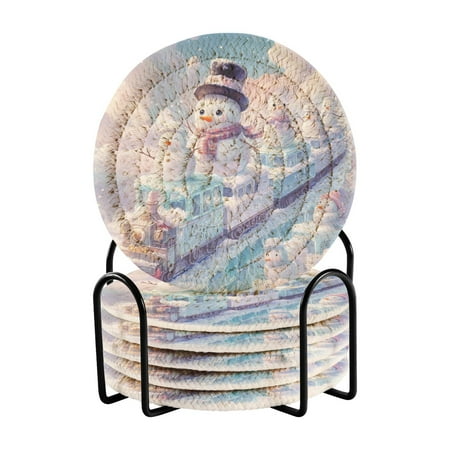 

WOBOGO Snowman Train Coil Coasters Set of 6 Minimalist Cotton Woven 3.94 inch Non-Slip Insulated and Absorbent Home Accessories.