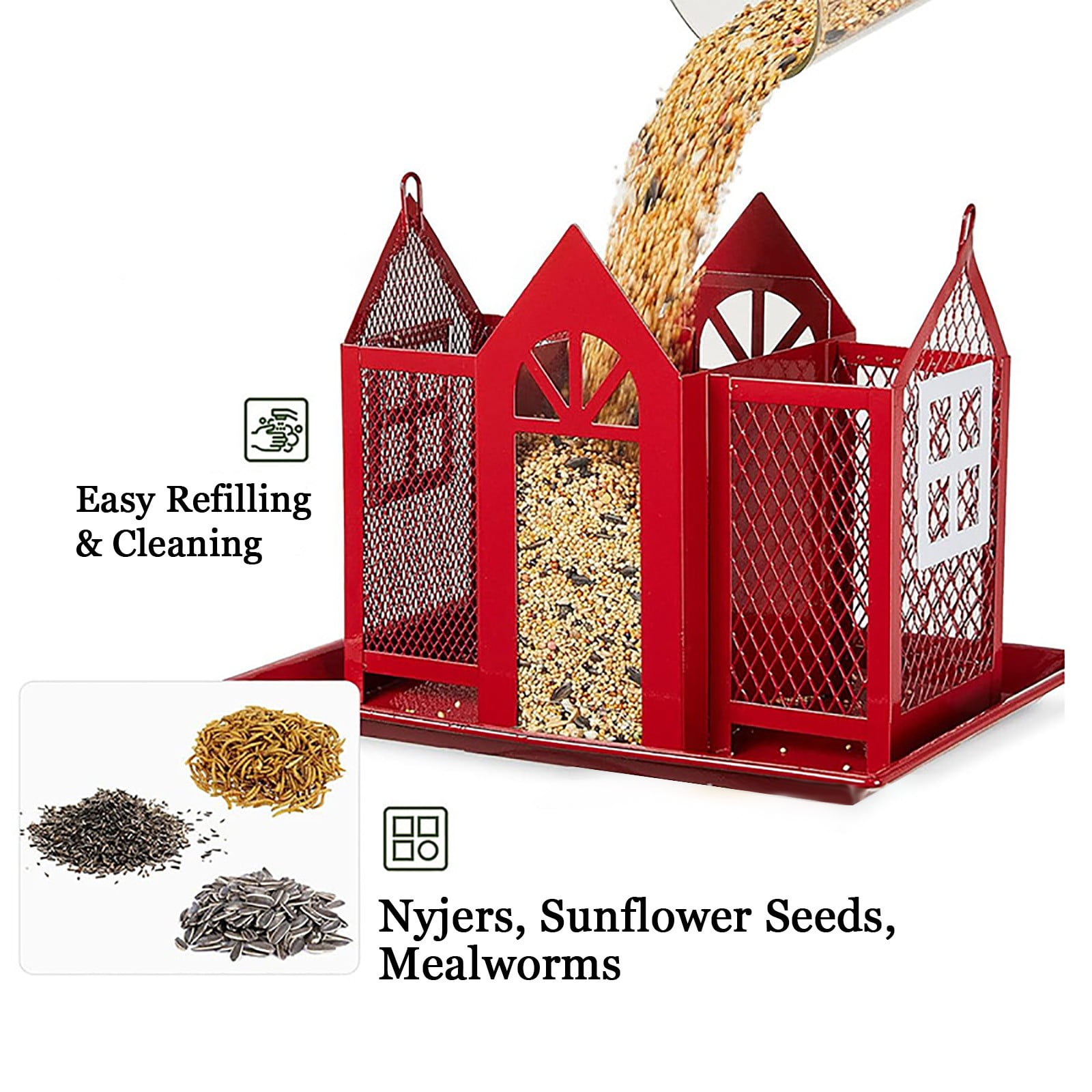Hovilon Bird Feeders House for Outside Hanging,Metal Wild Bird Feeder for Outdoors Large Capacity Cardinal Birdfeeder Birdhouses Metal Bird Feeding Station Red