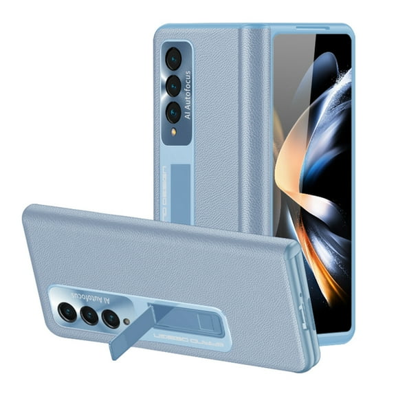Nalacover for Samsung Galaxy Z Fold4 Case with Tempered Glass Screen Film Hidden Bracket, Shockproof Luxury PU Leather Magnetic Hinge Protection Anti-Scratches Cover for Galaxy Z Fold4,Blue