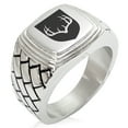 thumbnail image 1 of Stainless Steel Antlers Fortitude Coat of Arms Shield Geometric Pattern Step-Down Biker Style Polished Ring, 1 of 1