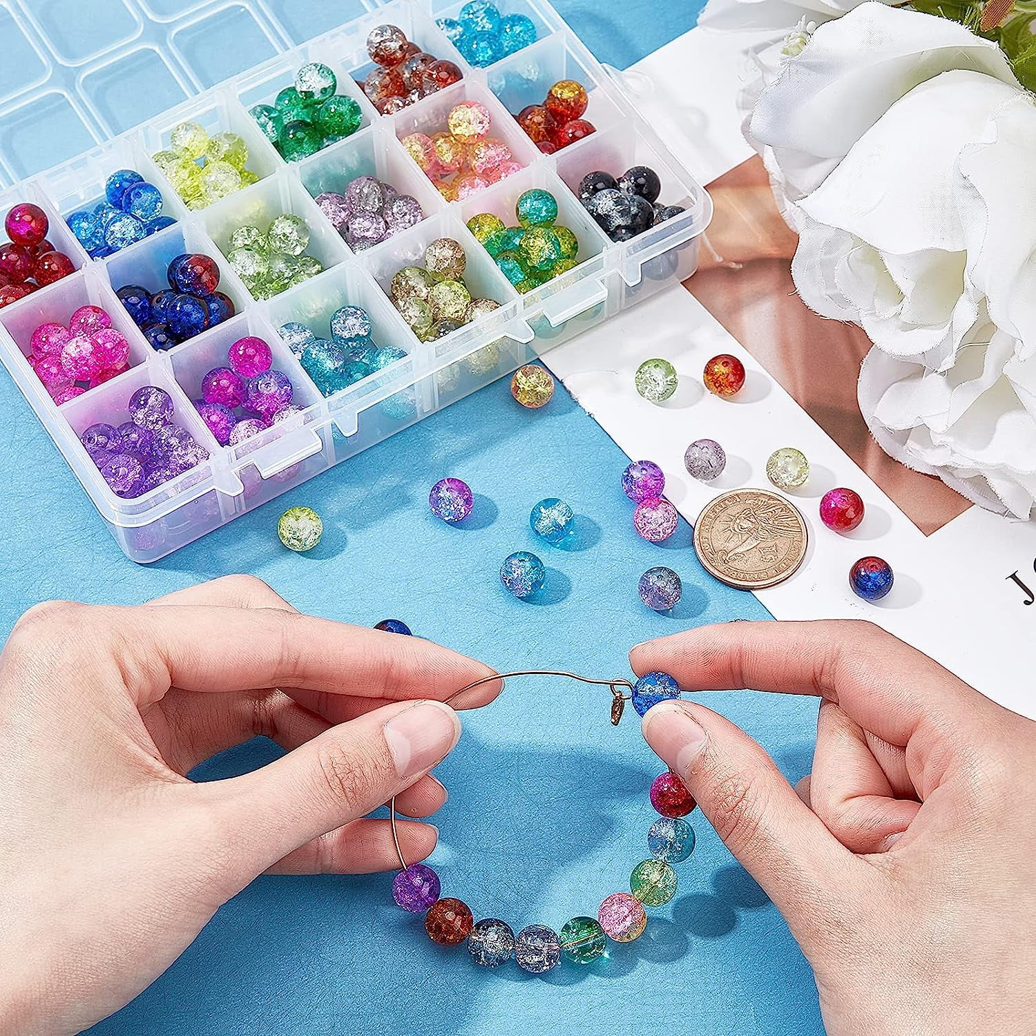 1 Set Crackle Glass Beads 18 Colors 10mm Crystal Beads 270pcs with Scissors Elastic Crystal Thread Beading Needles for Necklace Bracelet Earring Jewelry Making