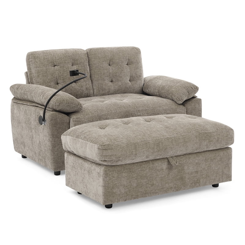 Double Sofa Recliner with Storage Ottoman, Manual Adjustable Reclining Loveseat with USB Charging Port, Phone Stand, and Soft Padded Armrests for Living Room, Apartment, and Home Theater