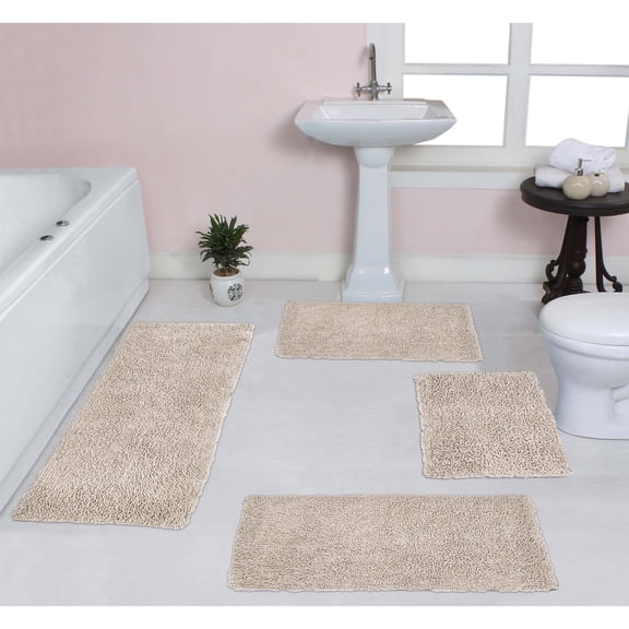 Home Weavers Fantasia Bath Rug 100% Cotton Non-Slip Bathroom Rug Set Machine Washable Bathroom Rug, Bath Rug, Bathroom Rug, Runner, Ivory Color 4 Piece Bath Rug set