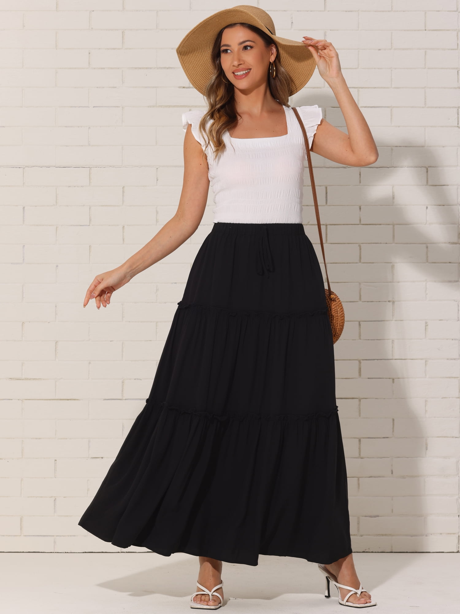 DARING DIVA Women's Spring Flowy Elastic Waist Aline with Pockets XS Black