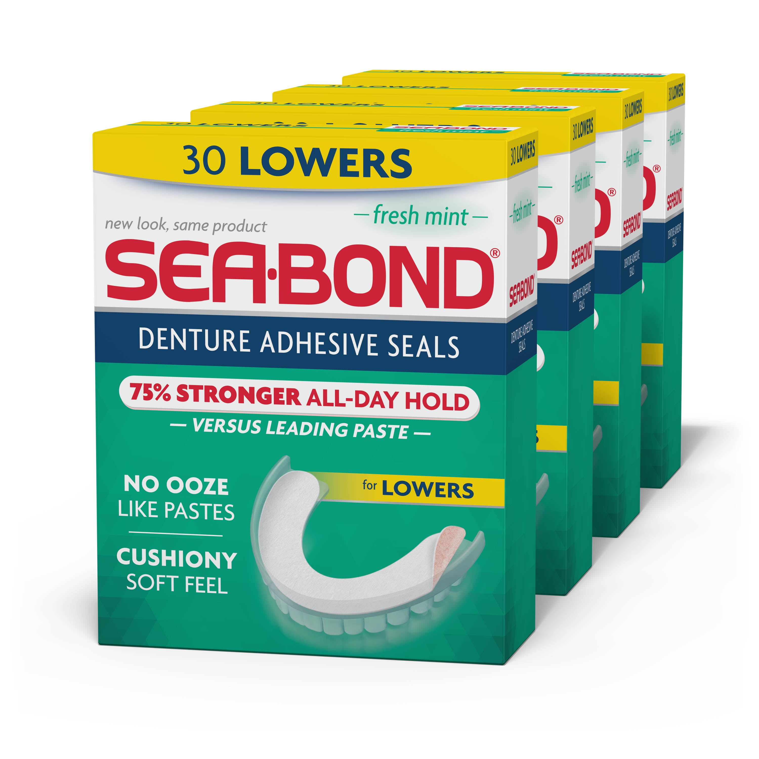 Sea Bond Secure Denture Adhesive Seals, For an All Day Strong Hold, 30 Fresh Mint Flavor Seals for Lower Dentures (4 Pack)