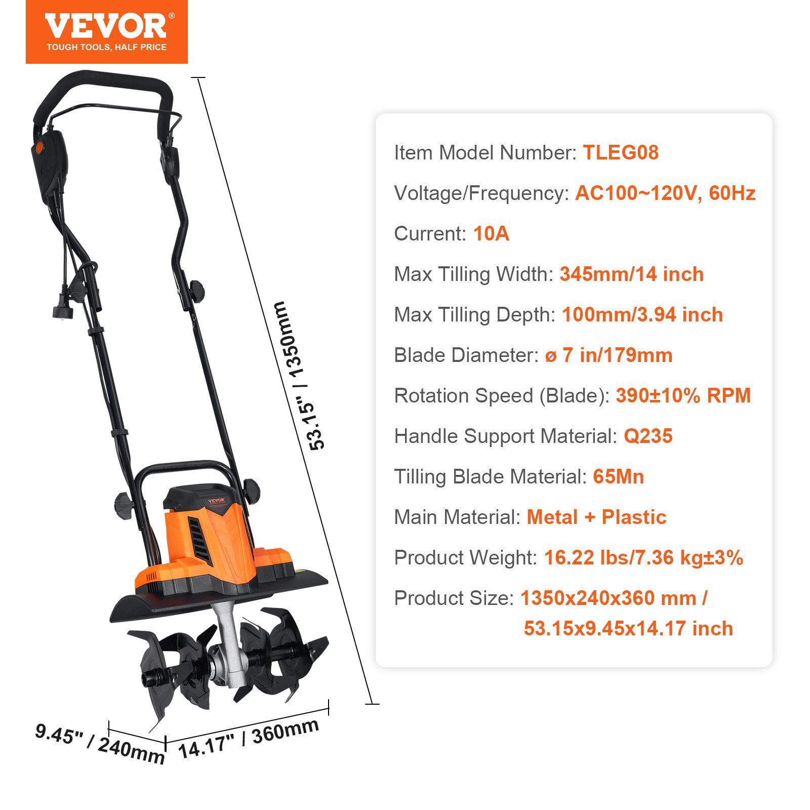 10 Amp Corded Electric Tiller/Cultivator, 14" Tilling Width, 4" Depth, Durable Steel Tines, Perfect for Digging & Loosening Soil in Gardens