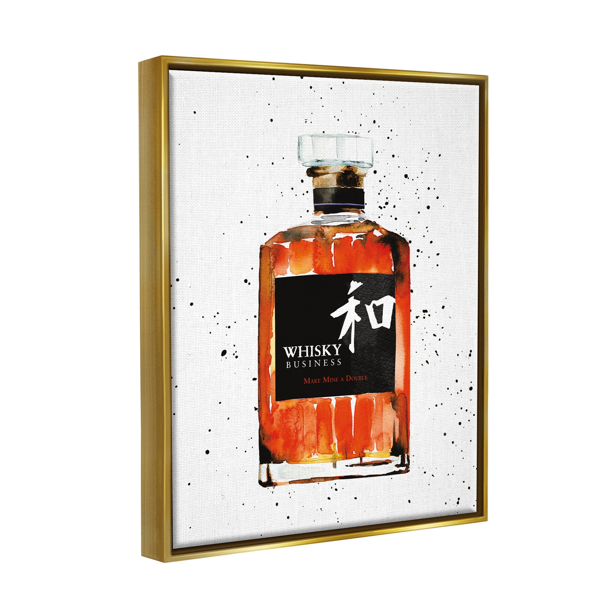 Stupell Industries Whisky Business Quote Japanese Liquor Bottle Metallic Gold Framed Floating Canvas Wall Art, 24x30, by Mercedes Lopez Charro