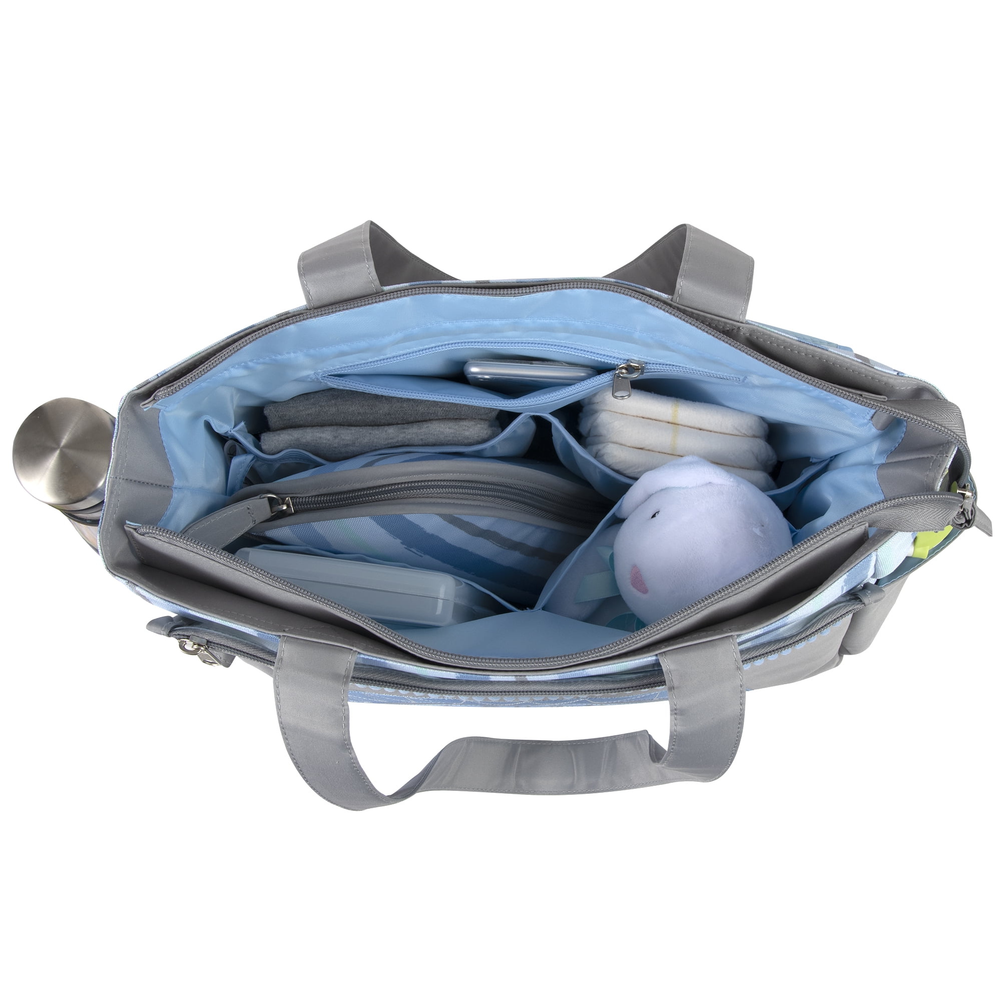 Baby Essentials 14.5"L Rainbow 5 Piece Multi-Pocket Diaper Bag Tote with Matching Changing Pad, Baby Wipes Case, Insulated Bottle Bag & Organizer Pouch for Newborns, Infants & Toddlers in Blue & Gray