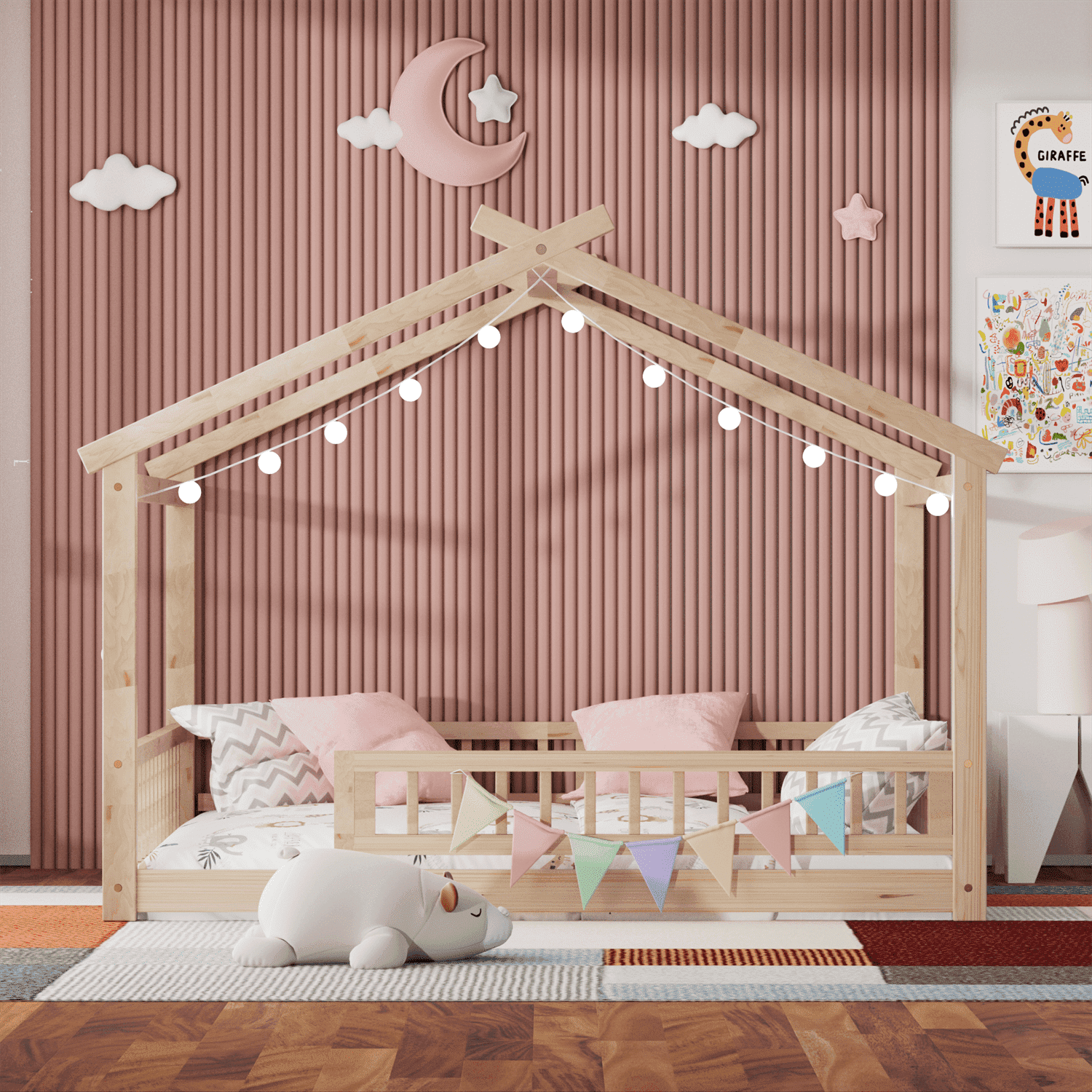 Full Size House Floor Bed with Roof, Wooden Montessori Floor Bed Frame with Safety Fence and Wooden Slats, Montessori House Floor Bed for Boys and Girls, Natural
