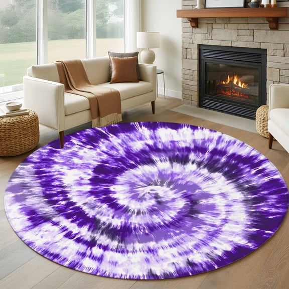 Purple Ombre Round Area Rug 8Ft Washable Large Circle Rugs for Living Room Dorm, Modern Abstract Tie Dye Painting Art Non-Slip Carpet Floor Mats Indoor Outdoor Carpet Runner Aesthetic Home Decor