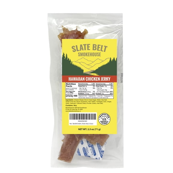 Slate Belt Smokehouse Hawaiian Chicken Jerky, Sweet and Savory Chicken Jerky for Humans 10g Protein Per Serving 2.5 Ounce