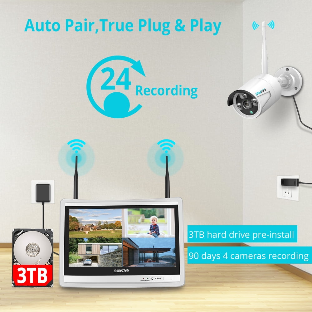 Sovmiku 4Pcs 3MP Security Camera System with 12.1" Monitor, 3TB Hard Drive, Color Night Vision , IP66 Waterproof, Motion Alert