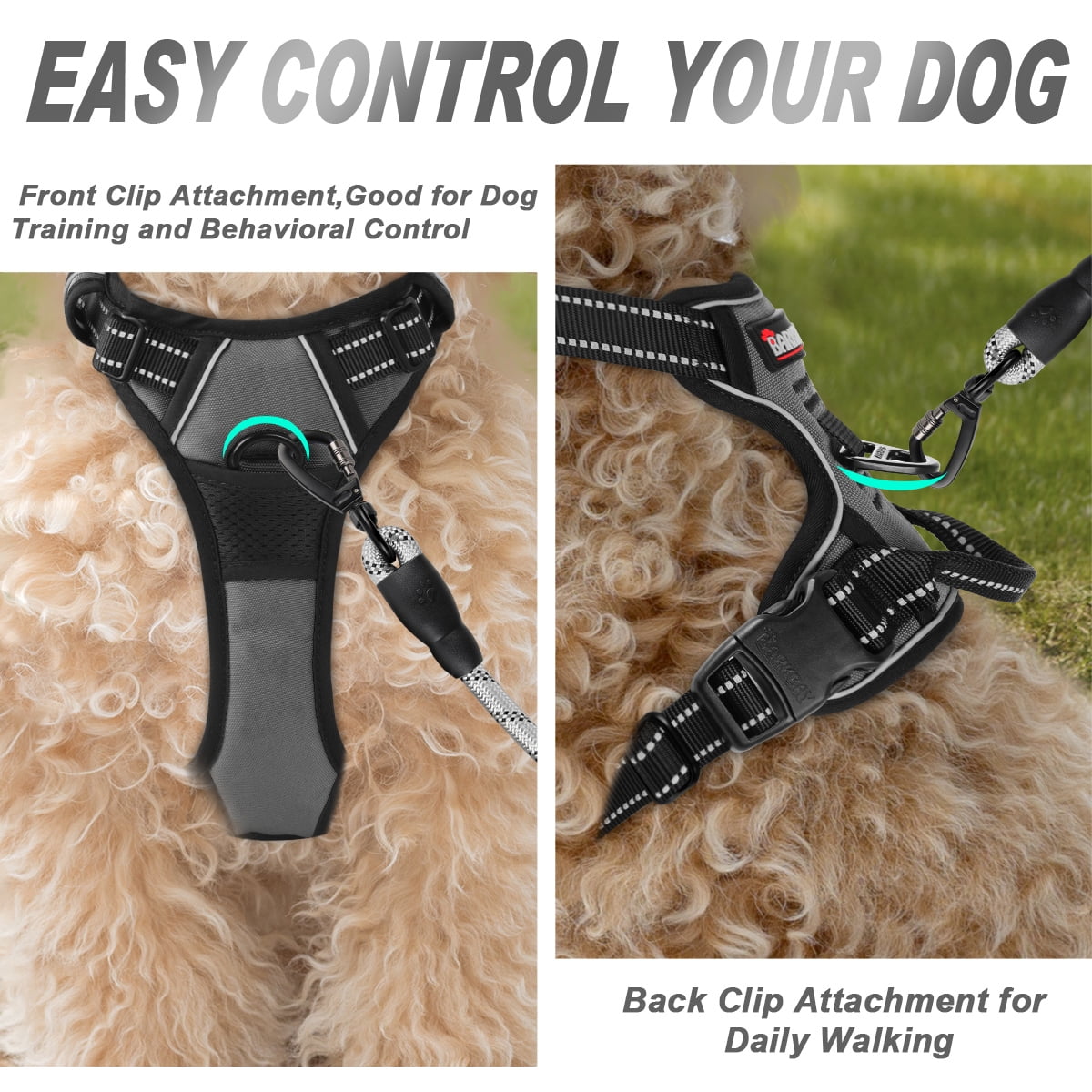 BARKBAY No Pull Dog Harness Front Clip Heavy Duty Reflective Easy Control Handle for Large Dog Walking(Grey,XS)