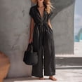 thumbnail image 2 of Women's Resort Jumpsuit, Casual Loose Wide Leg With Zip-Up Front & Stand Collar, Short Sleeve Vacation One-Piece With Belt Black L, 2 of 5