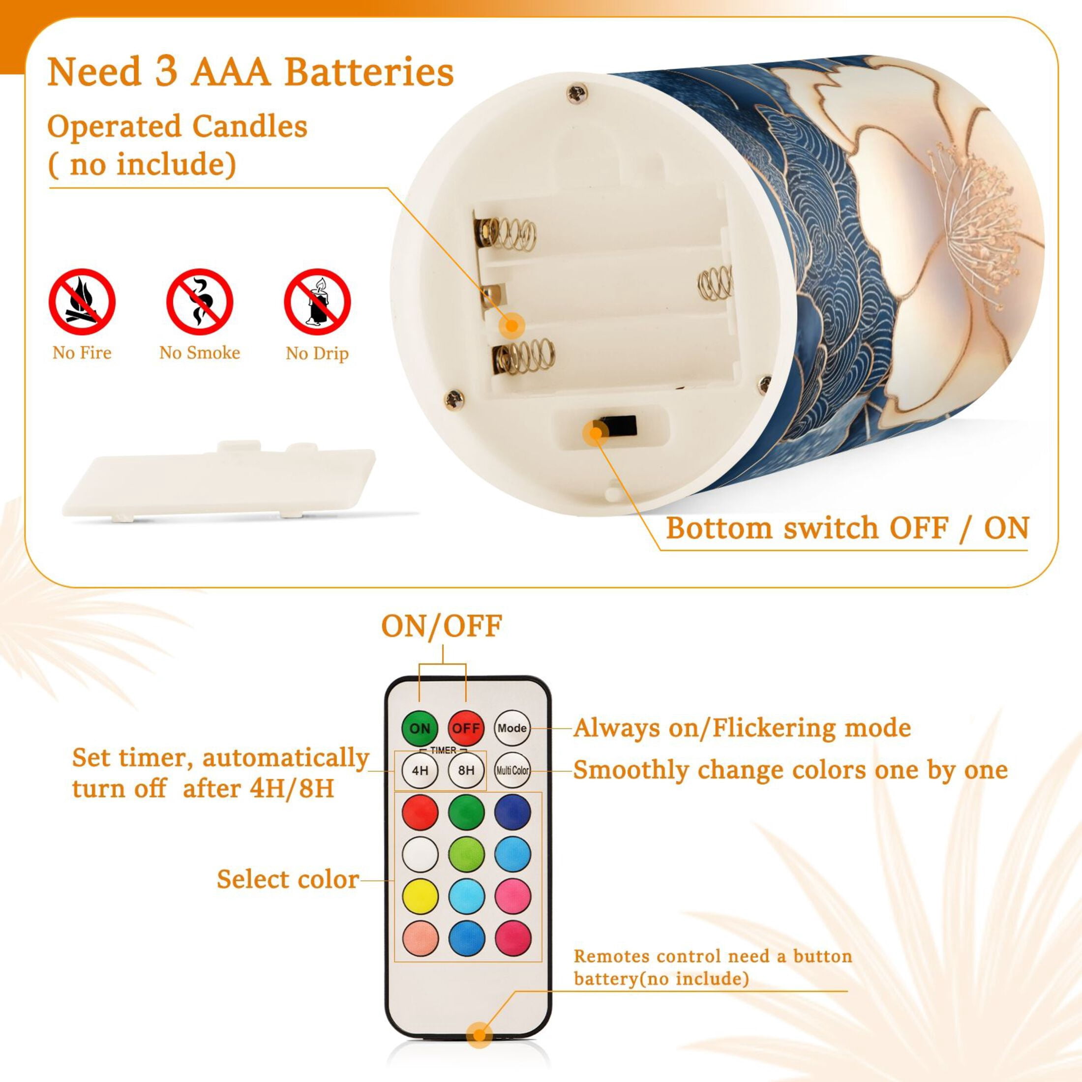 Blue Clouds and Flowers Flickering Flameless Candles Battery Operated with Remote Timer LED Pillar Candles Set of 2