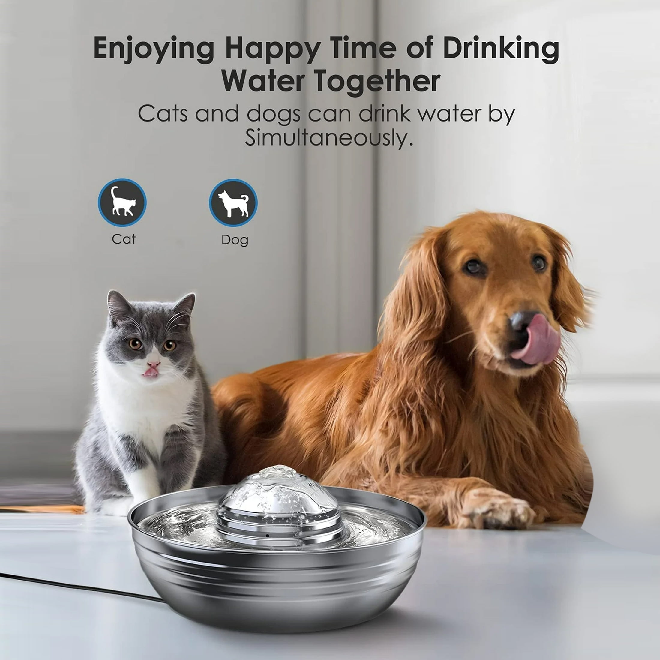 Oneisall CW-03 Cat Water Fountain 304 Stainless Steel, 2L/68oz Quiet Cat Fountain for Cats Drinking, Dual Filtration Cat Water Bowl for Kittens, Silver