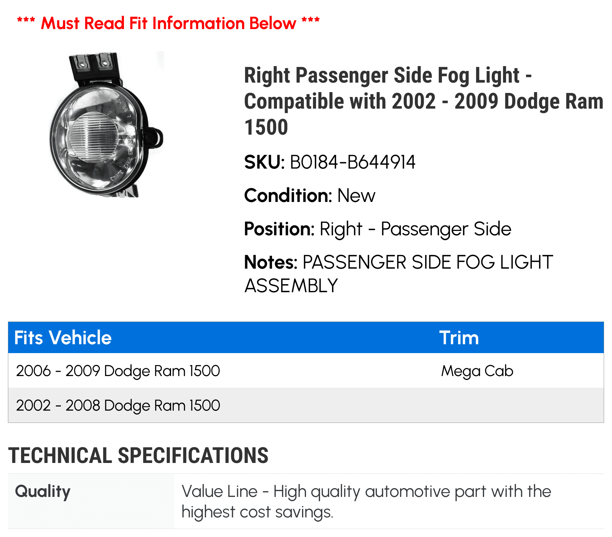 Right Passenger Side Fog Light - Compatible with 2002 - 2009 Dodge Ram 1500 2003 2004 2005 2006 2007 2008