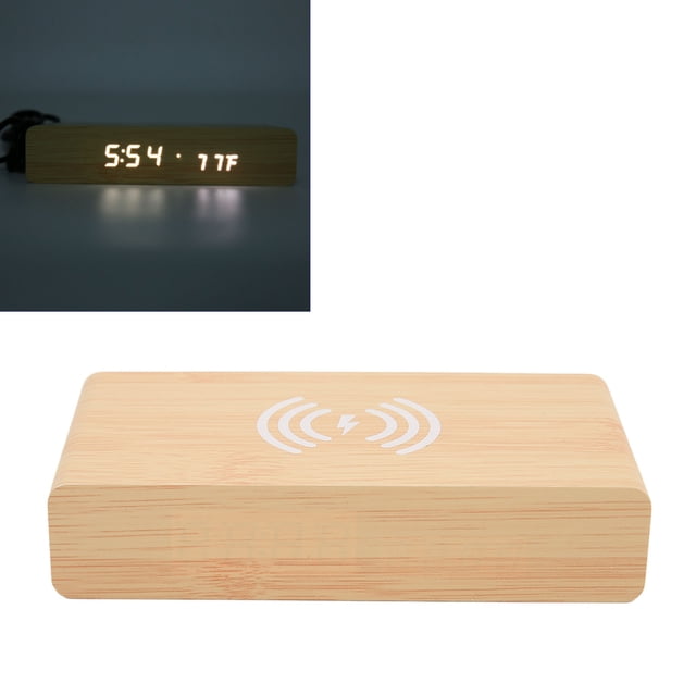 Despertador Digital de Madera, relaj de alarma de Cargador Digital LED Silencioso 12/24 HORAS 3 Niveles de Pescado de Doble Pantalla para Cabedería