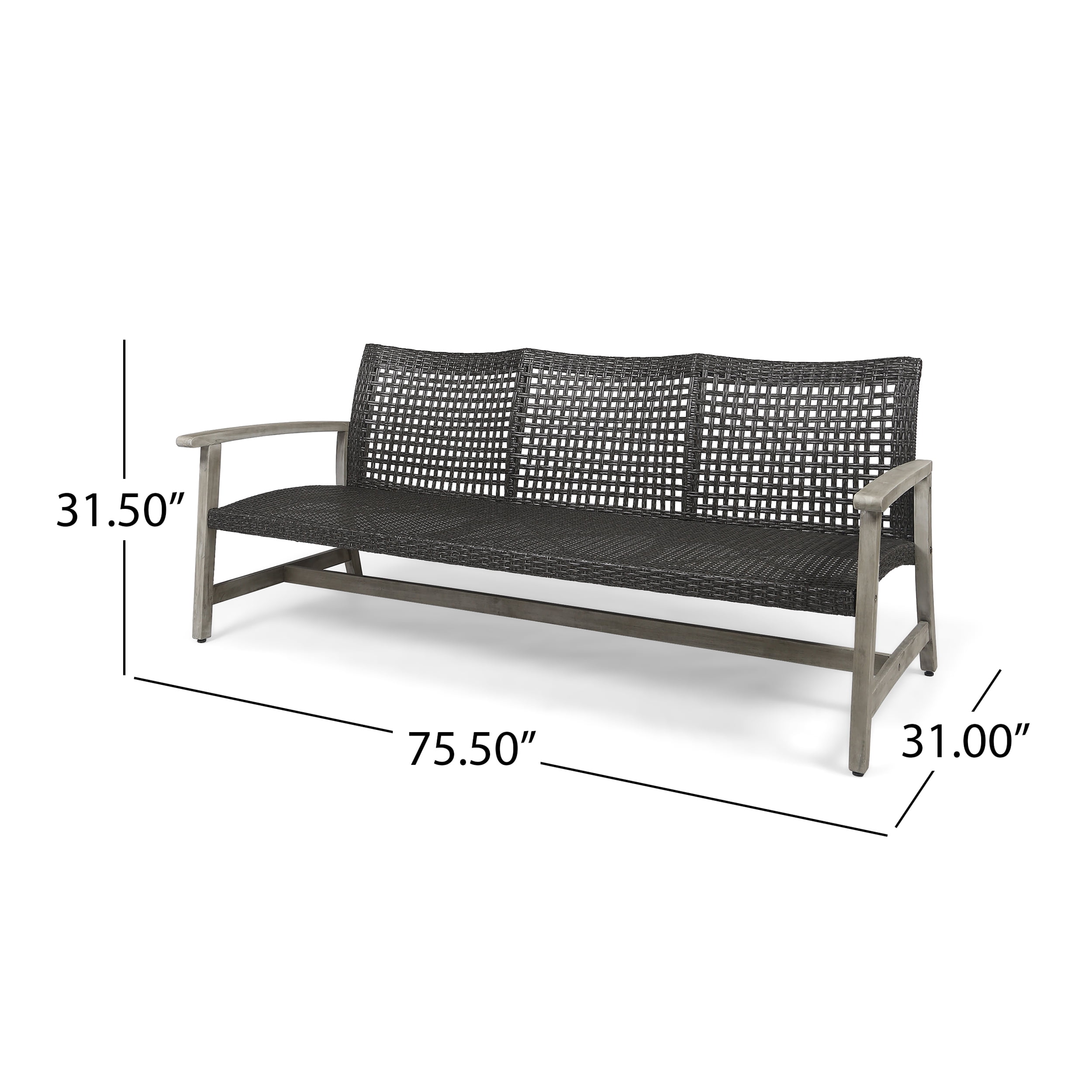 Euroco Outdoor 3-Seater Sofa with Wicker Seat, Acacia Wood Frame, and Iron Base – Weather-Resistant Patio Couch