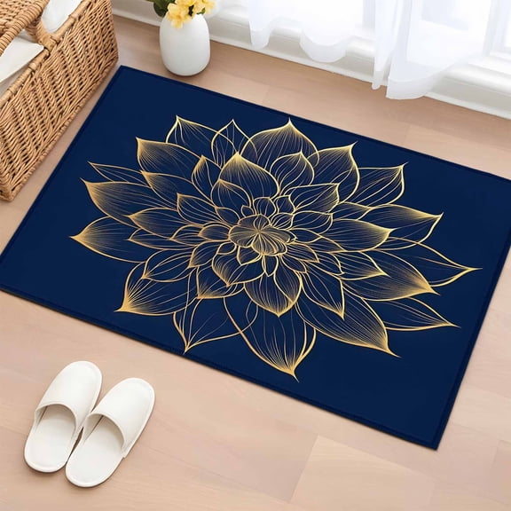 Gold Yellow Flower Washable Small Entryway Area Rugs 2'x3', Navy Blue Abstract Floral Blossoms Botanical Low Pile Throw Rug Non-Slip Sturdy Edge Binding Carpet for Front Door Floor Room Entry