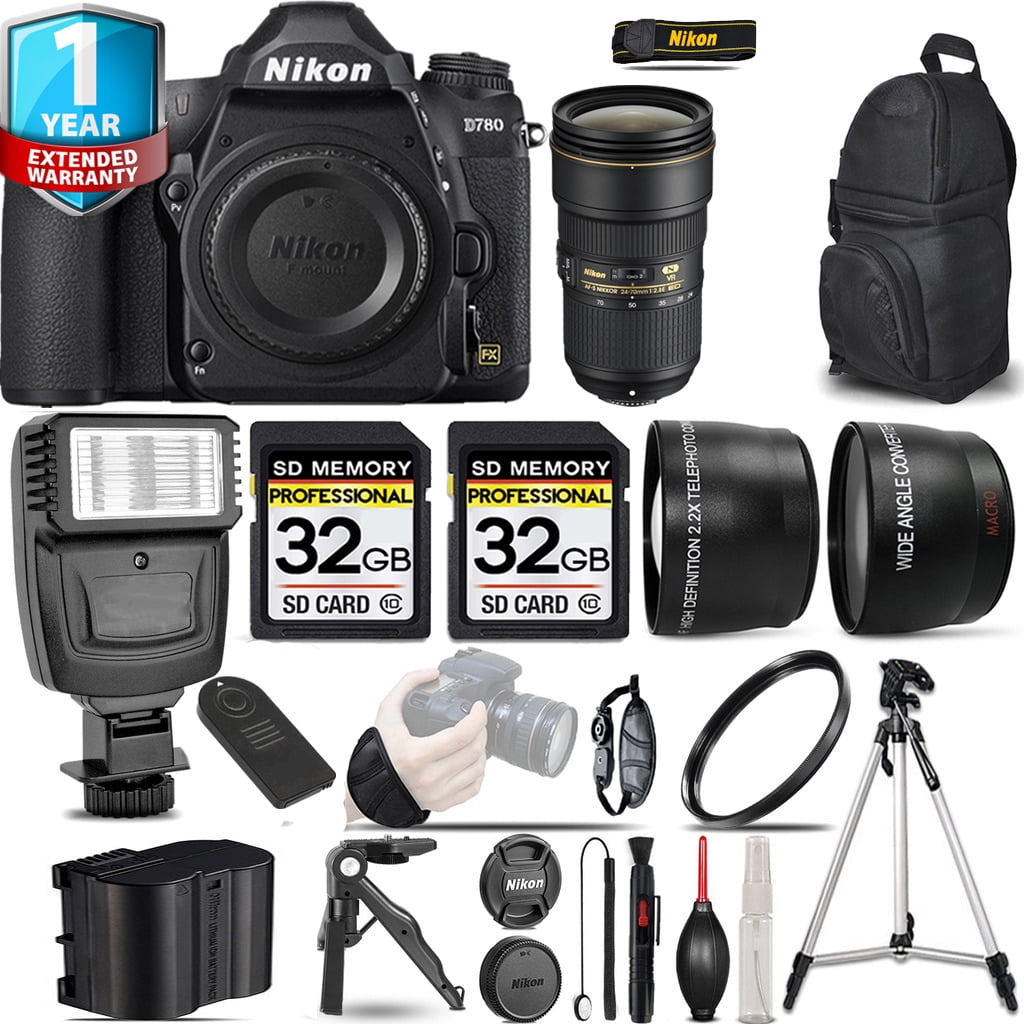 Nikon D780 DSLR Camera with 2470mm f/2.8E Lens + Flash + 64GB + UV