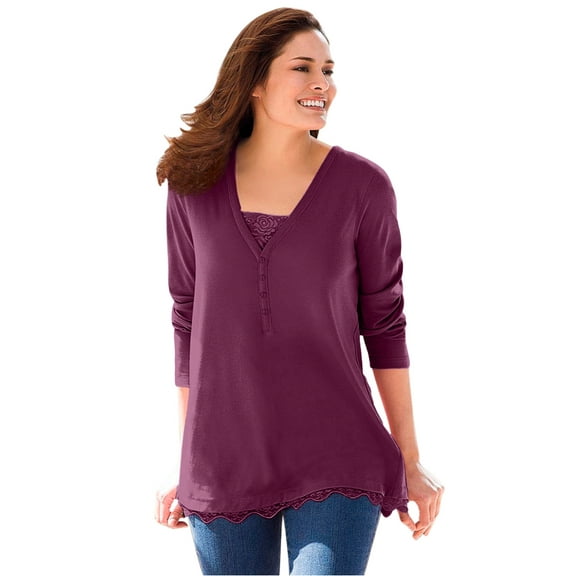 Woman Within Plus Size Layered-Look Lace Trim Tee