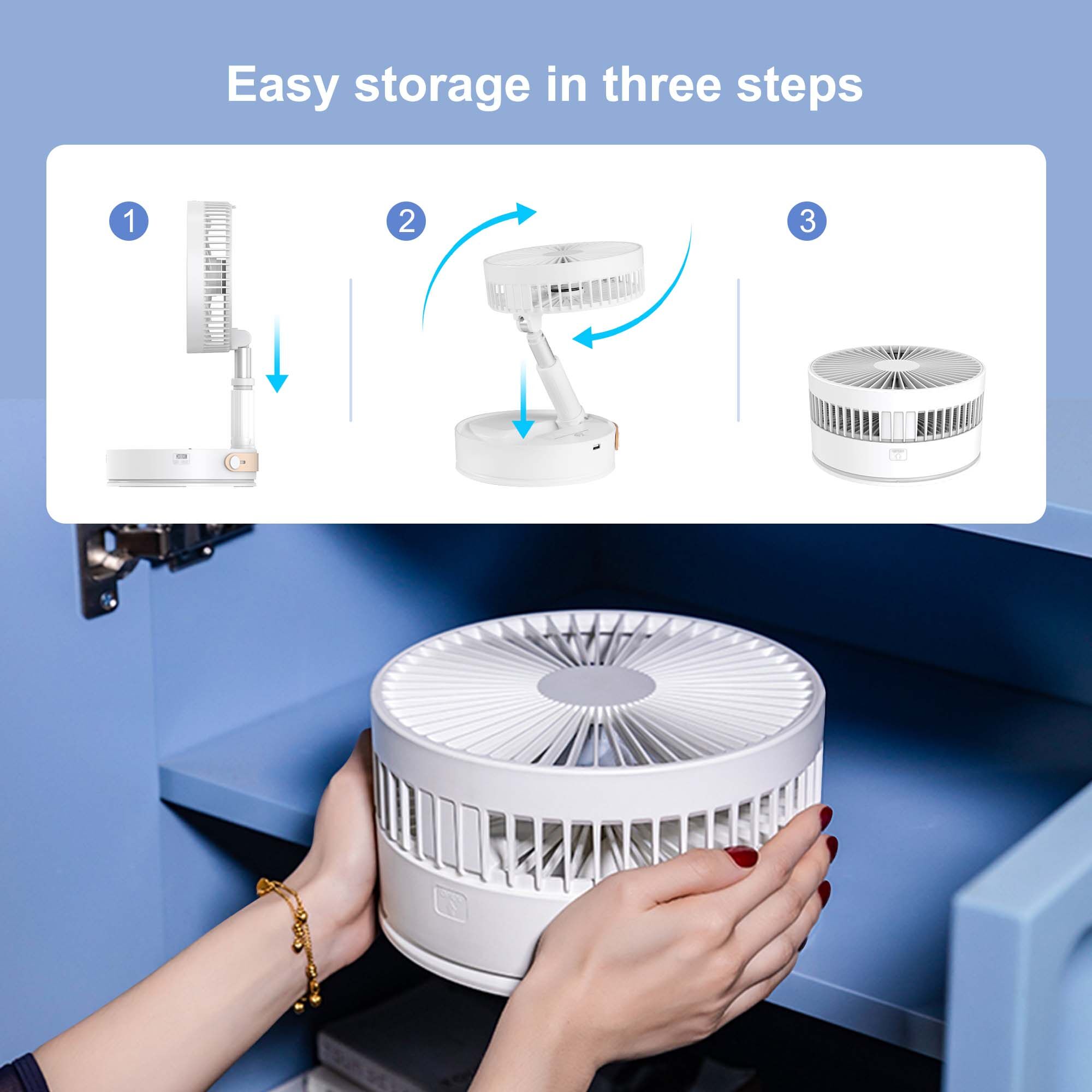 Uarter Portable Fans 7200mA Rechargeable Foldable Fan with Night Light Floor Pedestal Standing Fan for Home Office Outdoor
