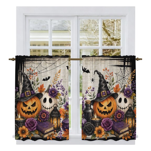Halloween Kitchen Curtains 45" Length, Fall Spooky Wizard Pumpkin Bats Flower Retro Beige Tiers Curtains for Bathroom Bedroom Cafe, Light Filtering Small Window Treatment Drapes 2 Panels 42"Wx45"L