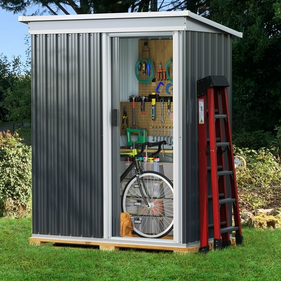 Sunmthink 5x3 ft Outdoor Metal Storage Shed with a Movable Door, Metallic Grey